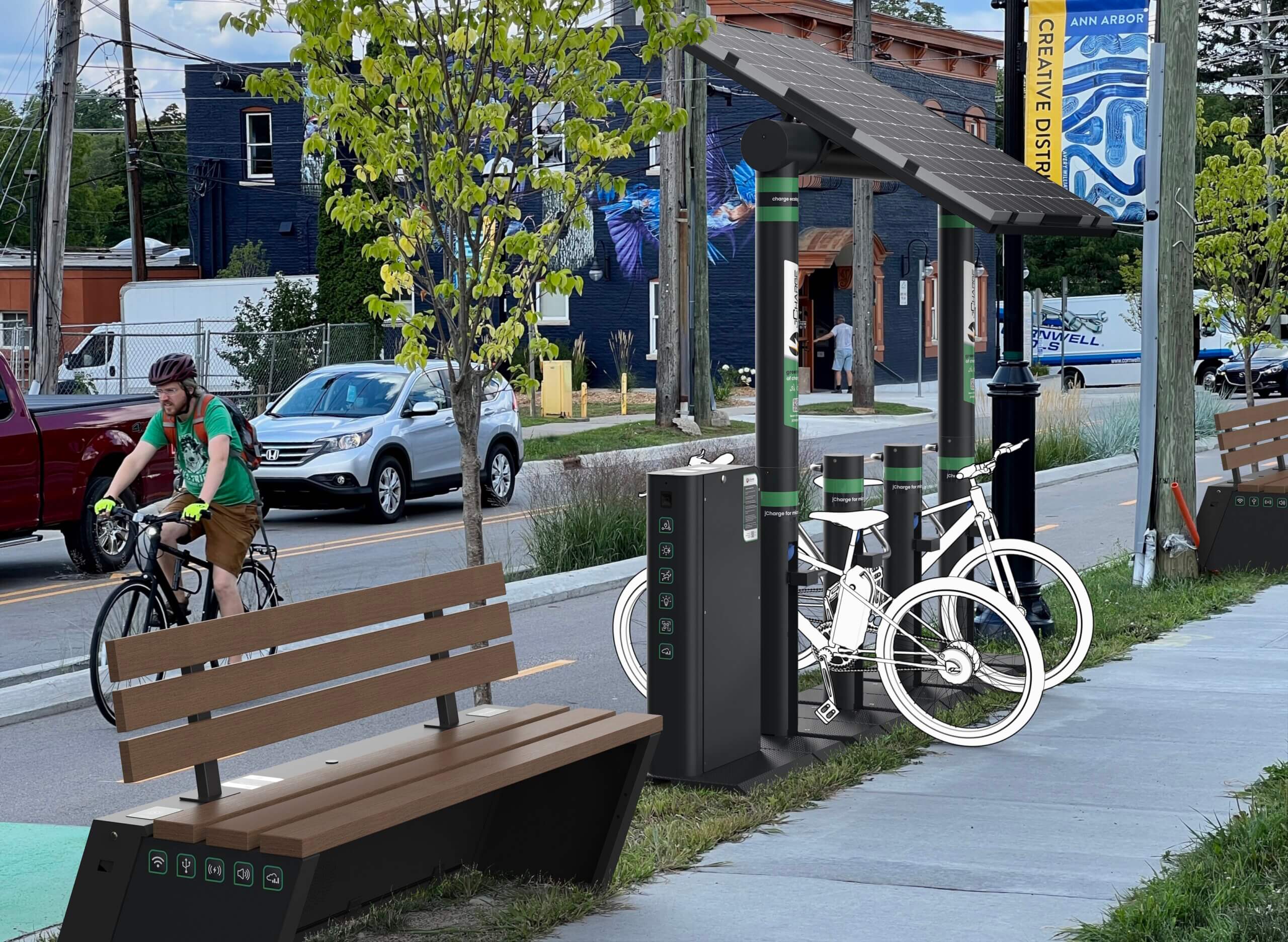 Public space equipped with smart city devices and renewable energy solutions